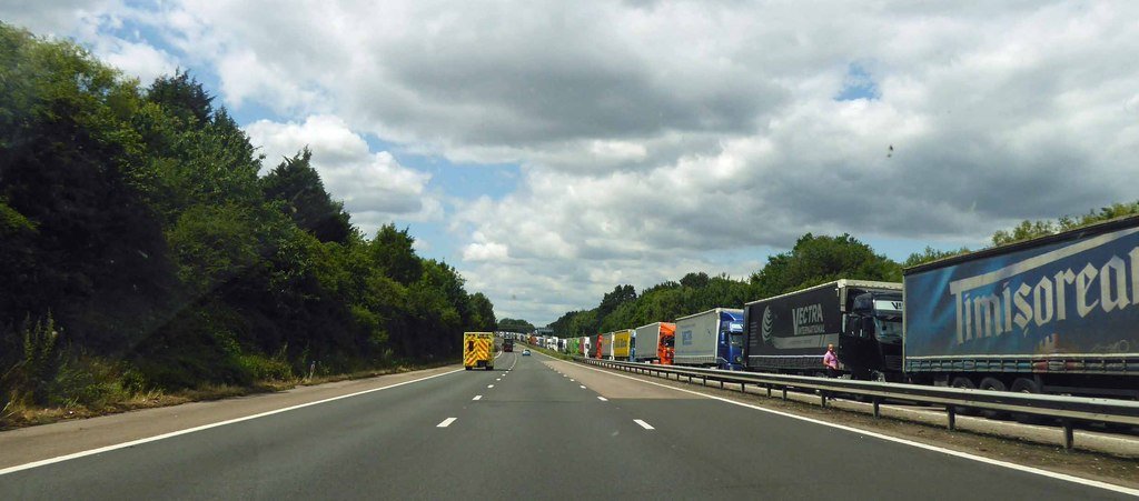 Freight lorries queued on the M20 heading for the Channel ports